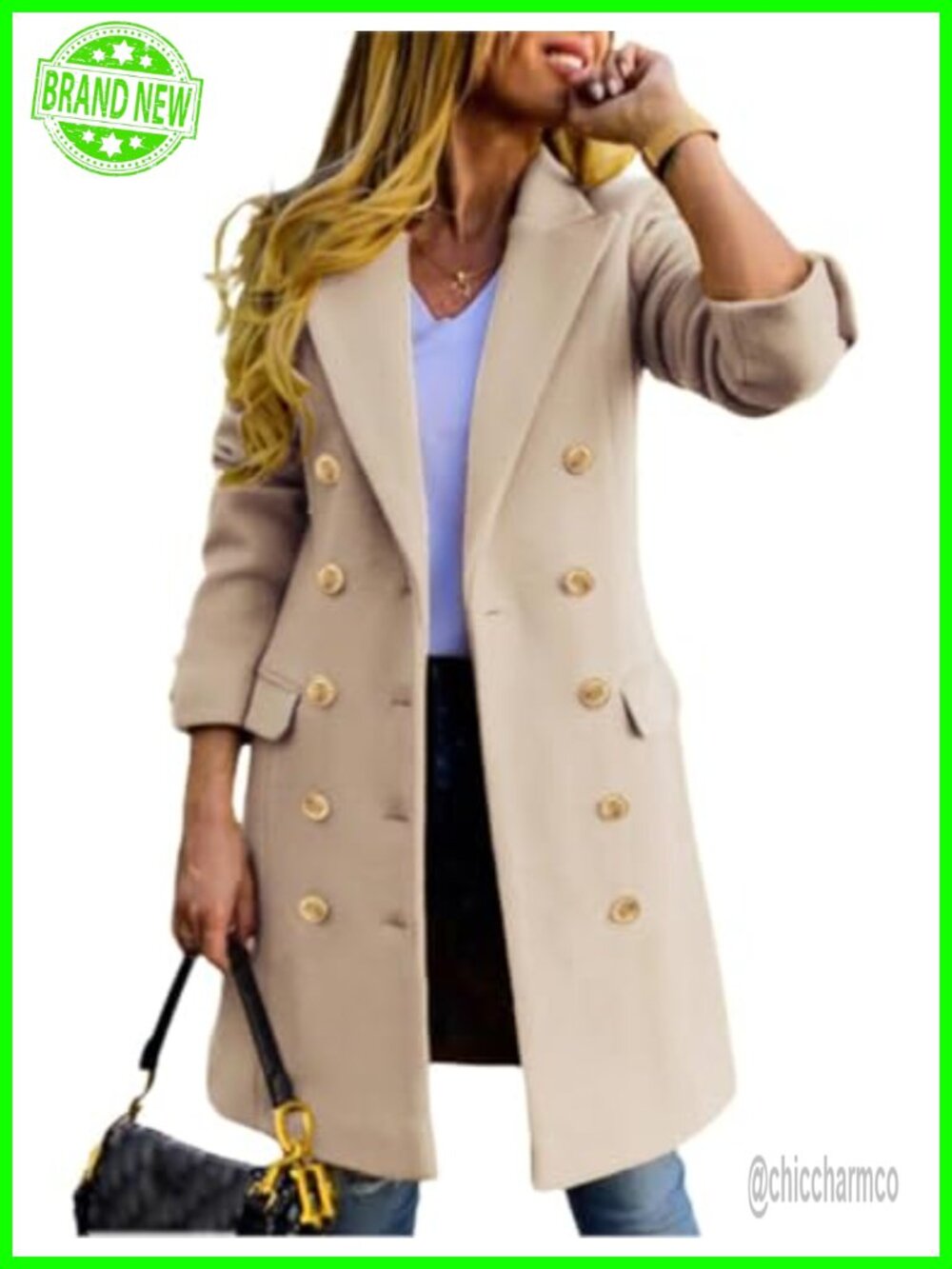 Wool Blend Double Breasted Notch Lapel Midi Peacoat Trench Coat